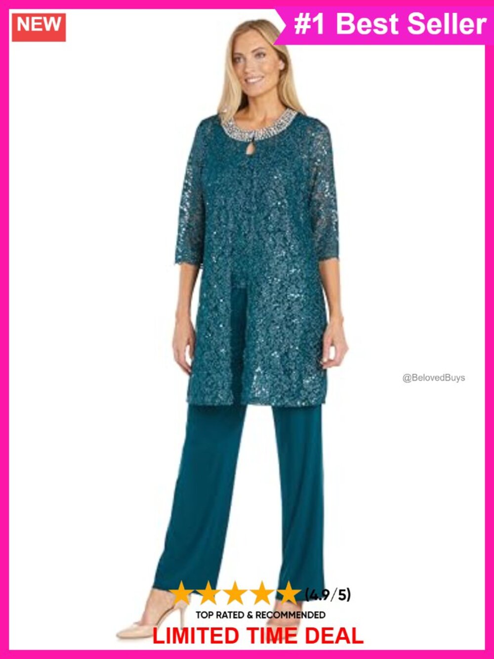 R&M Richards 3-Piece Lace Sequin Pant Set with Pearl Trim Jacket
